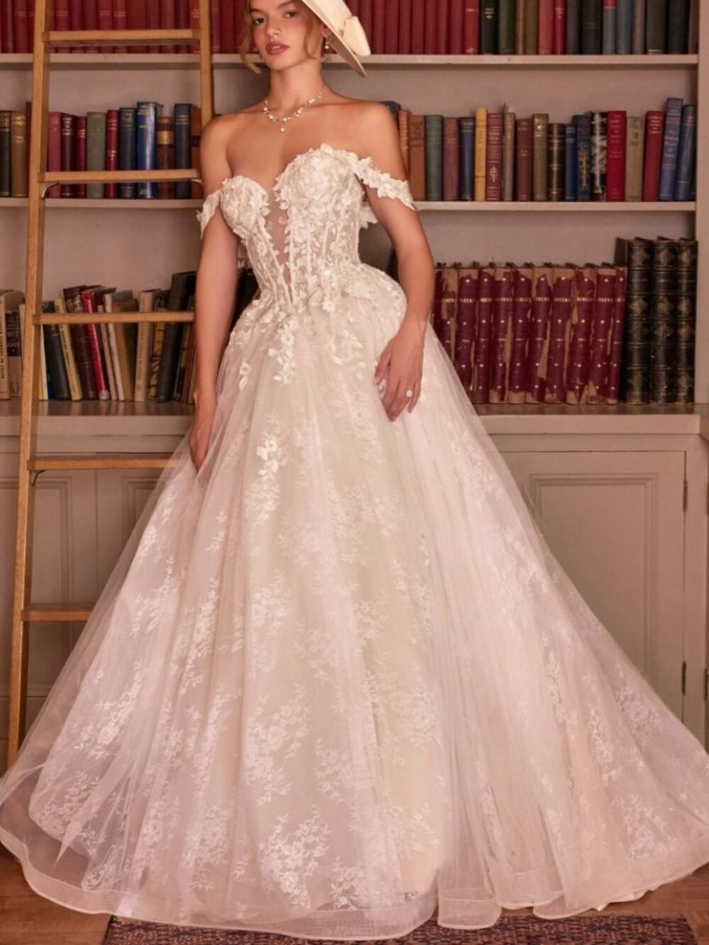 FRENCH WHITE WEDDING DRESS,OFF SHOULDER FLORAL APPLIQUE BEADED BRIDAL GOWN BALL
